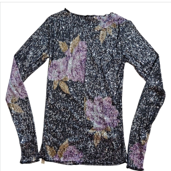 Free People Black and Purple Floral Sequin Long Sleeves Blouse Top - Picture 8 of 10